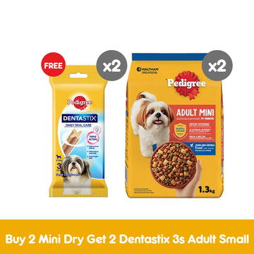 2pcs of PEDIGREE® Mini Dog Food Dry  Adult Chicken Liver & Vegetable 1.3kg + 2 pcs of PEDIGREE® DENTASTIX™ Dog Treat 3s Adult Small Original