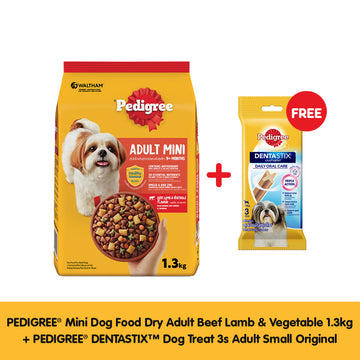 PEDIGREE® Mini Dog Food Dry Adult Beef Lamb & Vegetable 1.3kg + FREE DENTASTIX™ Dog Treat 3s Adult Small Original