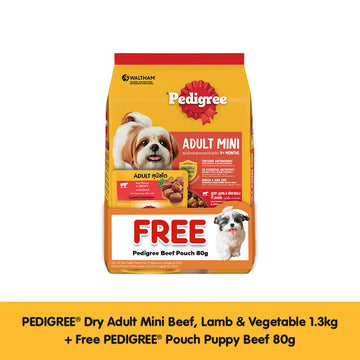 PEDIGREE® Dry Adult Mini Beef, Lamb & Vegetable 1.3kg + FREE PEDIGREE® Pouch Puppy Beef 80g