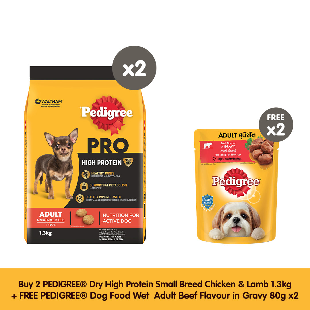 [2+2 Promo Pack] PEDIGREE® PRO High Protein Mini and Small Breed Chicken & Lamb 1.3kg - Buy 2 Get 2 FREE Pedigree Dog Food Wet Adult Beef Flavour in Gravy 80g